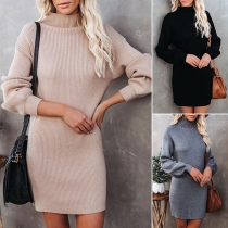 Fashion Solid Color Mock Neck Long Sleeve Knitted Ribbed Dress