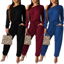 Casual Solid Color One-shoulder Long Sleeve Drawstring Jumpsuit