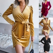 Fashion Solid Color V-neck Long Sleeve Self-tie Irregular Hemline Bodycon Party Dress