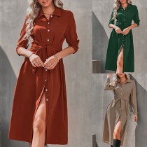 Fashion Solid Color Stand Collar Long Sleeve Buttoned Self-tie Midi Shirt Dress