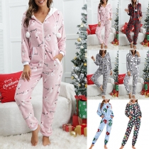 Cute Cartoon Christmas Printed Hooded Pajamas Jumpsuit for Women