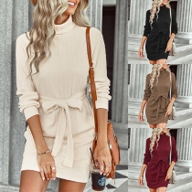 Fashion Solid Color Turtle Neck Long Sleeve Self-tie Bodycon Dress
