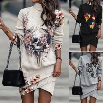 Fashion Skull Printed Mock Neck Long Sleeve Irregular Hemline Bodycon Dress