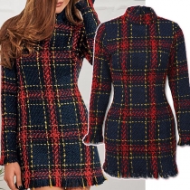 Vintage Checkered Mock Neck Long Sleeve Tassle Bodycon Dress