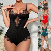 Sexy Solid Color/Leopard Printed Lace Spliced Lingerie Bodysuit