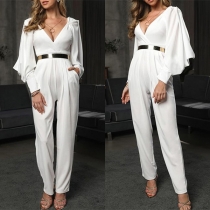 Fashion V-neck Lantern Sleeve White Jumpsuit (Without Belt)