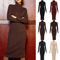 Fashion Solid Color Turtle Neck Long Sleeve Knitted Bodycon Dress