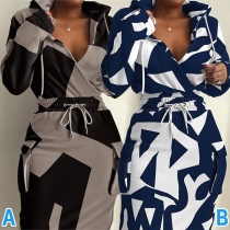 Fashion Irregular Geometric Print Long Sleeve Hooded Dress