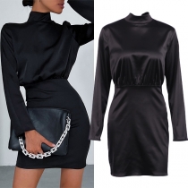 Fashion Solid Color Self-tie Mock Neck Backless Long Sleeve Bodycon Dress