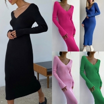 Fashion Solid Color V-neck Long Sleeve Knitted Bodycon Dress