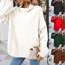Fashion Solid Color Turtleneck Long Sleeve Knitted Sweater-with Slant Pockets