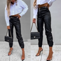 Fashion Artificial Leather PU Black Pants with Elastic Cuffs