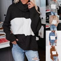 Fashion Contrast Color Turtleneck Long Sleeve Knitted Sweater