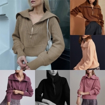 Fashion Solid Color Zipper V-neck/Turtleneck Knitted Sweater