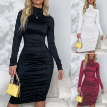 Fashion Solid Color Mock Neck Long Sleeve Bodycon Dress