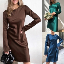 Fashion Solid Color Round Neck Long Sleeve Satin Dress