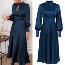 Elegant Solid Color Stand Collar Front Cutout Long Sleeve Satin Dress