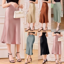 Fashion Solid Color High Waist Slit Satin Skirt