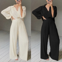Casual Pleated Two-piece Set Consot of Blouse and Wide-leg Pants