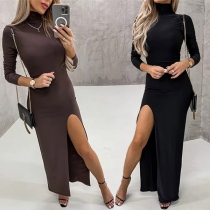 Sexy Solid Color Mock Neck Long Sleeve Slit Bodycon Dress