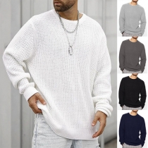 Casual Solid Color Round Neck Long Sleeve Knitted Pullover Sweater for Men （Size Run Small）
