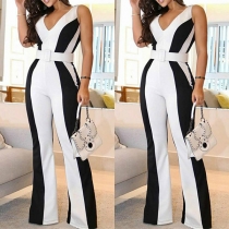 Fashion Black and White Stripe V-neck Sleeveless Wide-leg Jumpsuit without Belt