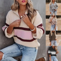 Fashion Contrast Color Long Sleeve Zipper Knitted Sweater