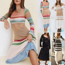 Fashion Contrast Color Knitted Hollow Out Midi Dress