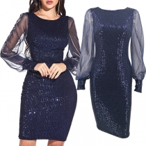 Fashion Sequined Gauzed Spliced Long Sleeve Bodycon Party Dress