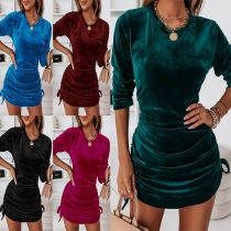 Fashion Solid Color Round Neck Long Sleeve Ruched Side Drawstring Velvet Bodycon Dress
