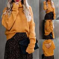 Fashion Solid Color Turtleneck Long Sleeve Backless Knitted Sweater
