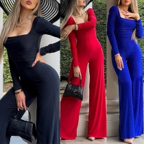 Sexy Solid Color Scoop Neck Long Sleeve Wide-leg Jumpsuit