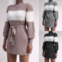 Fashion Contrast Color Mock Neck Long Sleeve Self-tie Knitted Sweater Dress
