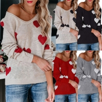 Fashion Heart Pattern V-neck Long Sleeve Pullover Sweater