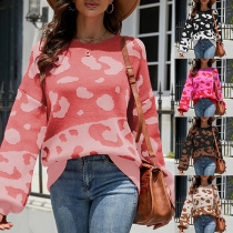 Fashion Contrast Color Leopard Pattern Round Neck Long Sleeve Sweater