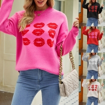 Cute Lip Pattern Round Neck Long Sleeve Knitted Sweater