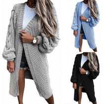Casual Solid Color Long Lantern Sleeve Knitted Cardigan
