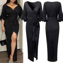 Sexy Bling-bling V-neck Ruched Drape Short Sleeve Self-tie Slit Party Dress