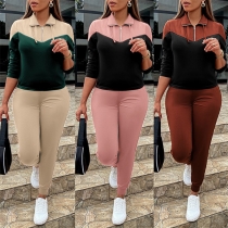 Casual Contrast Color Two-piece Set Consist of Crop Shirt and Sweatpants