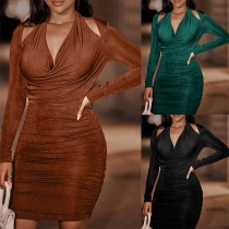 Sexy Solid Color Cutout V-neck Ruched Bodycon Dress