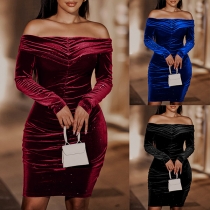 Sexy Solid Color Ruched Off-the-shoulder Long Sleeve Bling-bling Party Dress