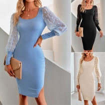 Sexy Swiss-dot Long Sleeve Round Neck Slit Bodycon Knitted Dress