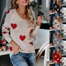 Fashion Heart Pattern Round Neck Long Sleeve Sweater