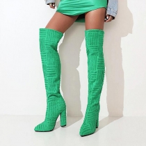 Burlap Boots Pointed Toe Chunky Heels Over The Knee High Boots