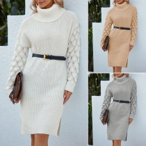 Fashion Turtleneck Hollow-out Long Sleeve Slit Sweater Dress