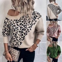 Fashion Leopard Printed Turtleneck Open Shoulder Long Sleeve Knitted Sweataer