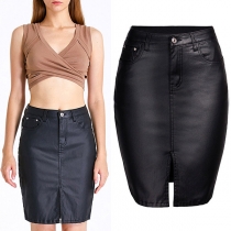 Fashion Articial Leather PU Slit Black Skirt