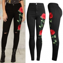 Vintage Rose Embroidered Distressed Black Skinny Jeans