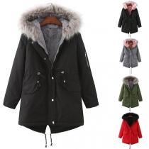 Casual Drawstring Artificial Fur Spliced Hooded Plush Lined Jacket