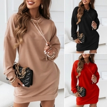 Casual Solid Color  Round Necklace Drawstring Sweatshirt Dress